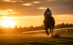 夕暮れの競馬場で芝コースを疾走する競走馬と騎手の後ろ姿