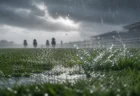雨に濡れた芝コースを疾走する競走馬たちのシルエット