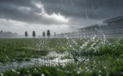 雨に濡れた芝コースを疾走する競走馬たちのシルエット