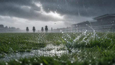 雨に濡れた芝コースを疾走する競走馬たちのシルエット