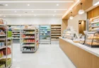 明るく清潔感のあるコンビニエンスストアの店内、陳列棚とレジカウンター周辺
