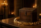 中世ファンタジー風の木製投票箱と金の月桂冠、蝋燭の光に照らされた城の一室