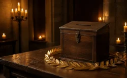 中世ファンタジー風の木製投票箱と金の月桂冠、蝋燭の光に照らされた城の一室
