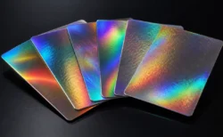 虹色にきらめくホログラフィック仕様のトレーディングカードが並ぶイメージ