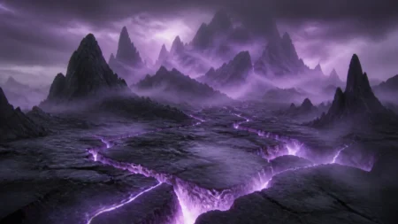 紫の霧に包まれた幻想的な岩山と発光する亀裂