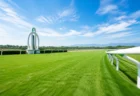 競馬場の芝コースと白い柵、青空