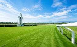 競馬場の芝コースと白い柵、青空
