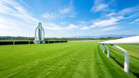 競馬場の芝コースと白い柵、青空