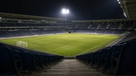 夜のサッカースタジアム、無人のスタンド席の通路から見下ろす芝生のピッチ、ナイター照明が柔らかく灯る情景