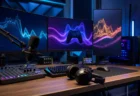 配信スタジオの機材、複数モニターに映る抽象的な音声波形とゲームコントローラーのシルエット、デスク上のヘッドフォン