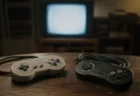 レトロなゲーム機のコントローラーが2つテーブルに置かれ、奥にブラウン管テレビの淡い光がにじむ情景