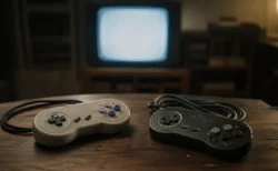 レトロなゲーム機のコントローラーが2つテーブルに置かれ、奥にブラウン管テレビの淡い光がにじむ情景