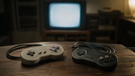 レトロなゲーム機のコントローラーが2つテーブルに置かれ、奥にブラウン管テレビの淡い光がにじむ情景