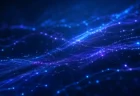 青と紫を基調としたデジタルネットワークの抽象イメージ