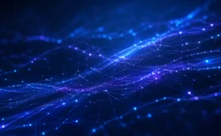 青と紫を基調としたデジタルネットワークの抽象イメージ