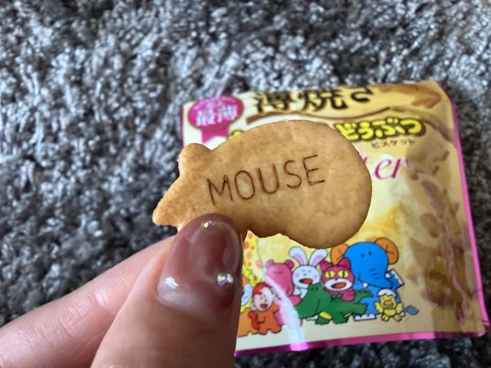 MOUSEと書かれたねずみの形のビスケット