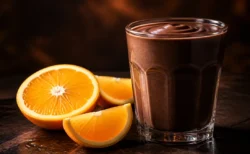 艶やかなダークチョコレートのドリンクとオレンジ色の柑橘スライスが並ぶイメージ