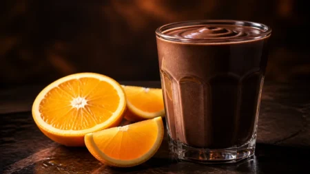 艶やかなダークチョコレートのドリンクとオレンジ色の柑橘スライスが並ぶイメージ