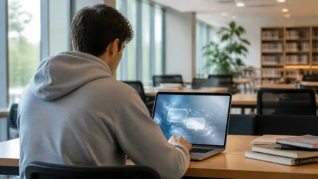 大学の図書館のような空間で、パーカーを着た学生がノートパソコンに向かい、画面には光る吹き出しのような抽象的なAIアシスタント演出が浮かぶ後ろ姿