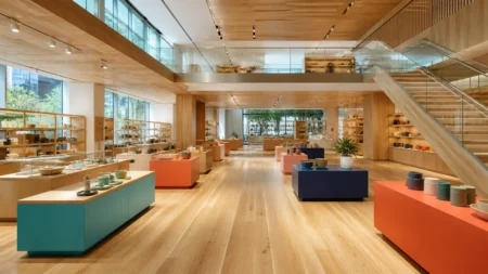 木目調の内装とカラフルな展示台が並ぶ、開放的な店内空間