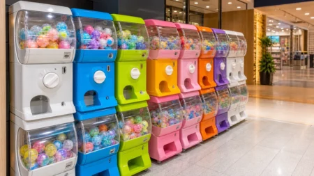 明るい商業施設内に並ぶカラフルなカプセルトイ自動販売機
