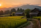夕暮れの日本の里山と古い木造家屋、稲田の風景