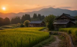 夕暮れの日本の里山と古い木造家屋、稲田の風景