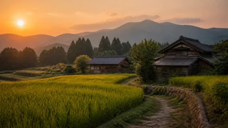 夕暮れの日本の里山と古い木造家屋、稲田の風景