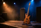 ライブハウスのステージに置かれたベースギターと照明