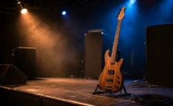 ライブハウスのステージに置かれたベースギターと照明