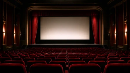 赤いベルベットの座席とカーテンが並ぶ、格式ある映画館の劇場内