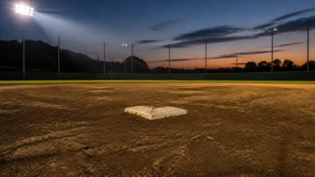 夕方のナイター照明に照らされた高校野球のグラウンドとベース