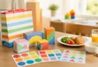 カラフルなシールシートとしましま柄のギフトバッグが並ぶ子ども向けの明るい食卓のイメージ