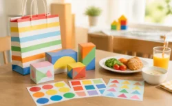 カラフルなシールシートとしましま柄のギフトバッグが並ぶ子ども向けの明るい食卓のイメージ
