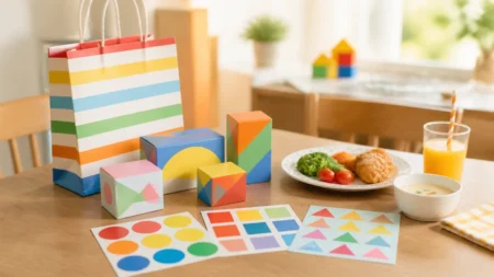 カラフルなシールシートとしましま柄のギフトバッグが並ぶ子ども向けの明るい食卓のイメージ
