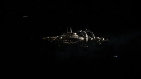 宇宙空間に浮かぶ光の灯ったスペースコロニーの遠景