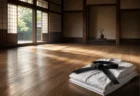 早朝の道場内観、隅へ畳まれた白い道着と黒帯が置かれた厳かな写実的情景