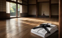 早朝の道場内観、隅へ畳まれた白い道着と黒帯が置かれた厳かな写実的情景