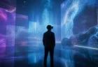 VRヘッドセットを装着した人物の後ろ姿と、幻想的な光に包まれたバーチャル空間