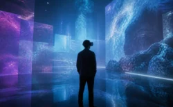 VRヘッドセットを装着した人物の後ろ姿と、幻想的な光に包まれたバーチャル空間