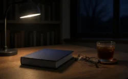 夜明け前の書斎の机に置かれた無地の濃紺のハードカバー本