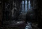 ゴシックホラー調の古びた洋館の内観の幻想的な情景