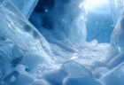 氷の結晶が舞う幻想的な冷たい光のイメージ