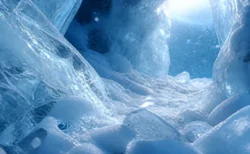 氷の結晶が舞う幻想的な冷たい光のイメージ