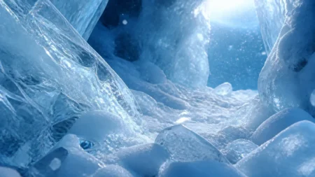 氷の結晶が舞う幻想的な冷たい光のイメージ
