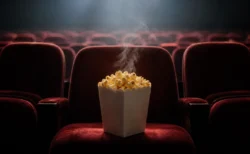 暗い映画館の赤いベルベット座席に置かれたポップコーン容器から立ち上る蒸気、スクリーンからの淡い光