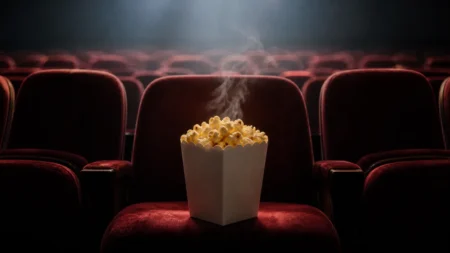 暗い映画館の赤いベルベット座席に置かれたポップコーン容器から立ち上る蒸気、スクリーンからの淡い光