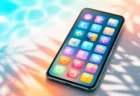 夏らしい光の中、プールサイドに置かれたスマートフォンとカラフルなアプリアイコン