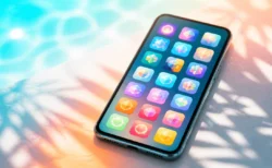 夏らしい光の中、プールサイドに置かれたスマートフォンとカラフルなアプリアイコン