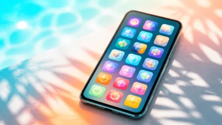 夏らしい光の中、プールサイドに置かれたスマートフォンとカラフルなアプリアイコン